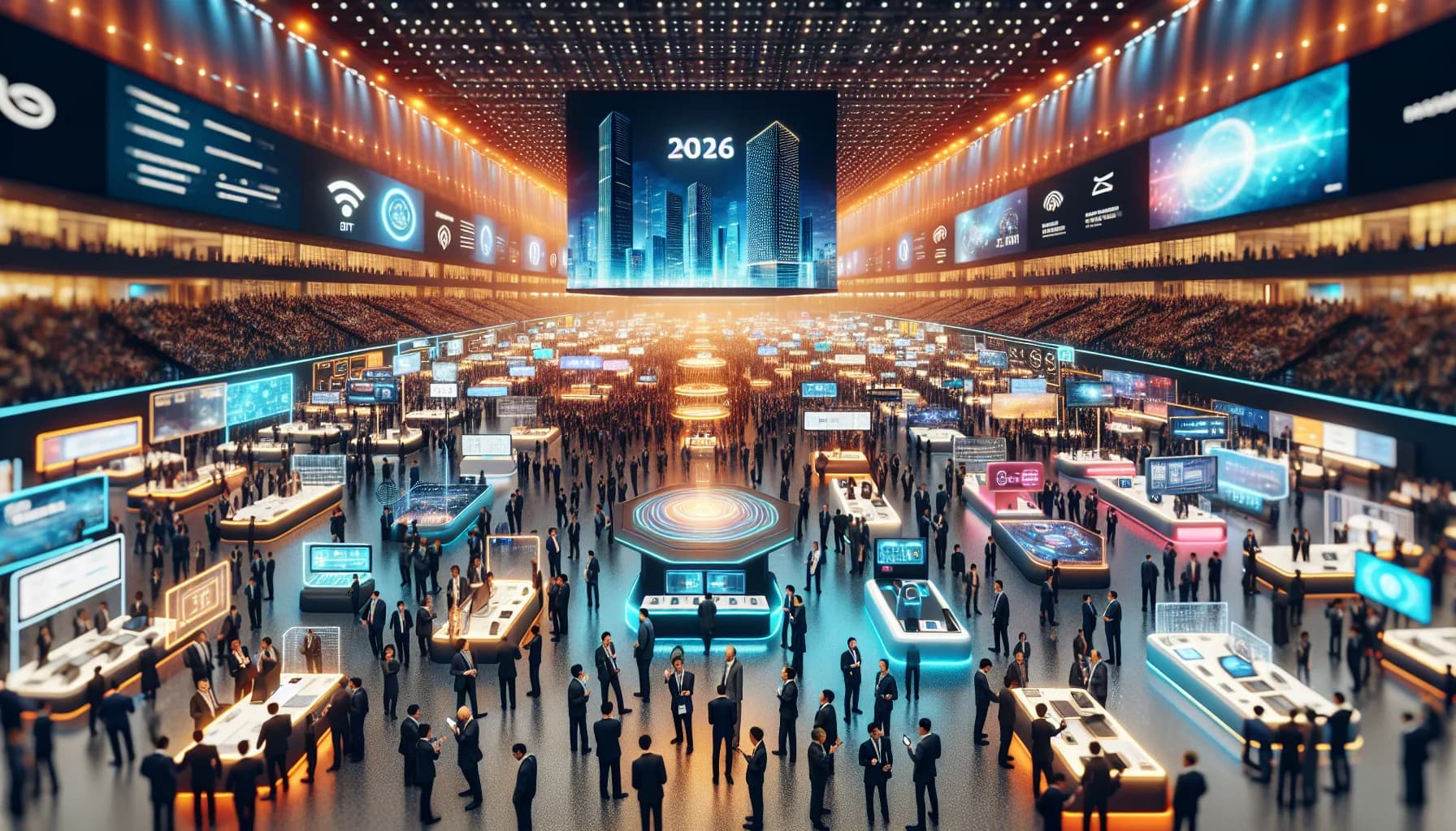 Massive 2026 tech conference hall with thousands networking around IoT devices, M2M displays, and smart city demos