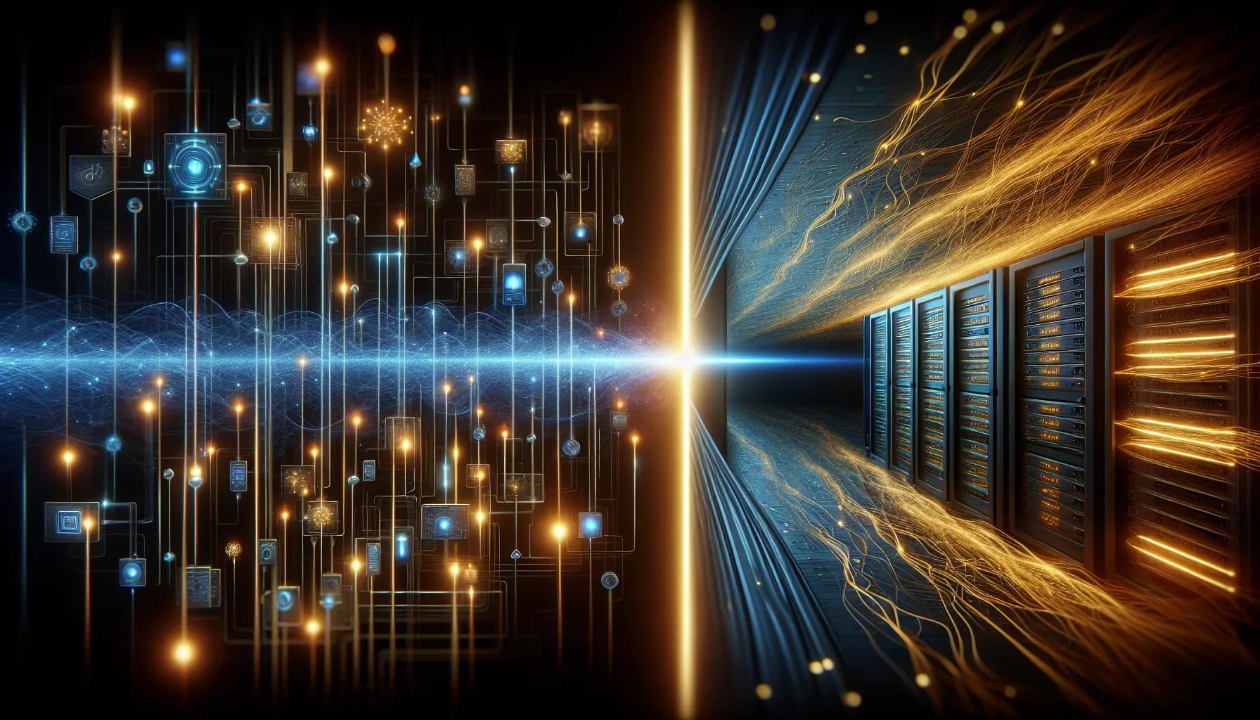 Split-screen comparison: MQTT's lightweight IoT network with blue connections vs AMQP's enterprise servers with golden data cables