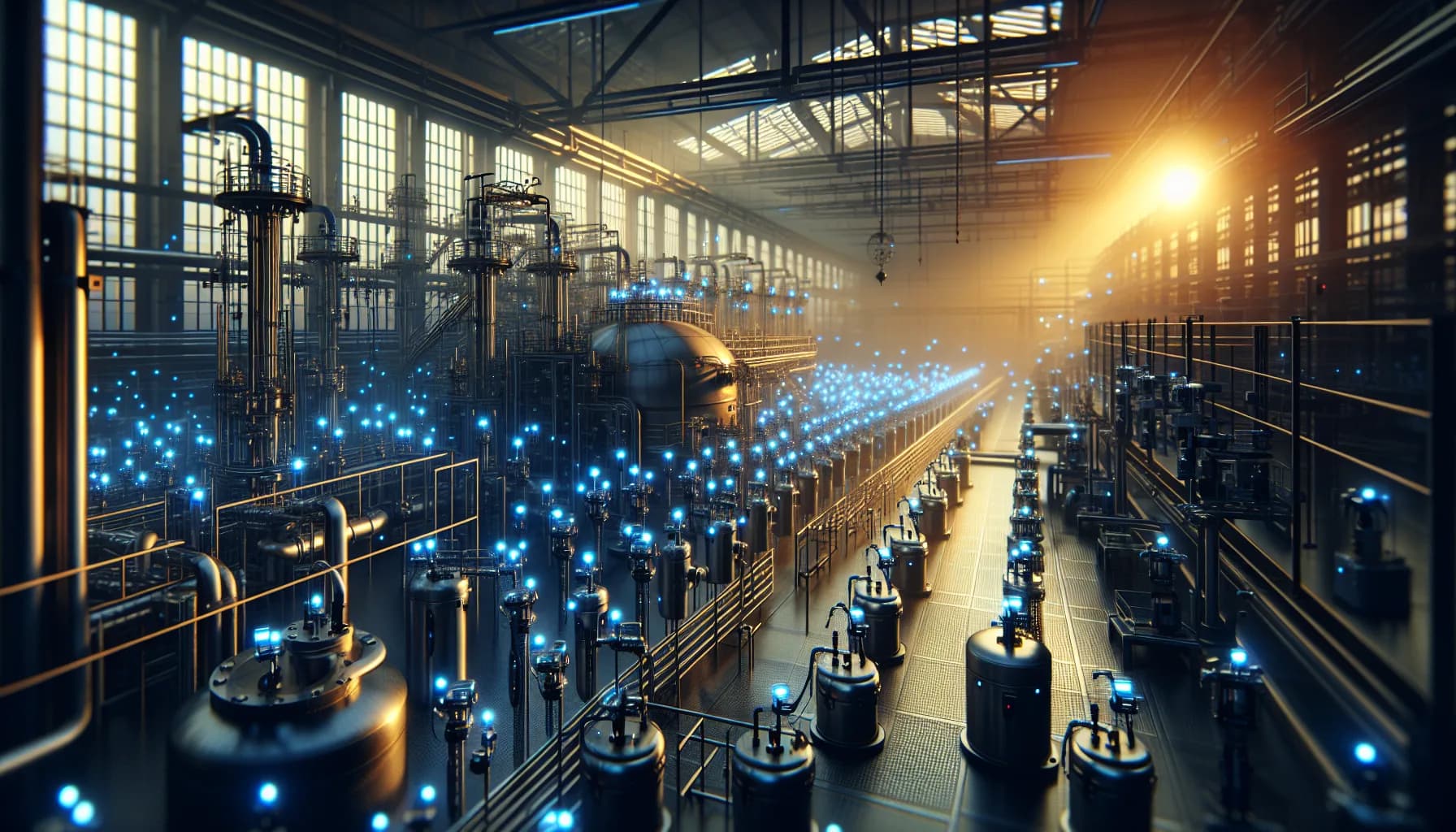 Industrial facility at dawn with wireless sensors on equipment emitting blue signals, creating interconnected mesh network patterns