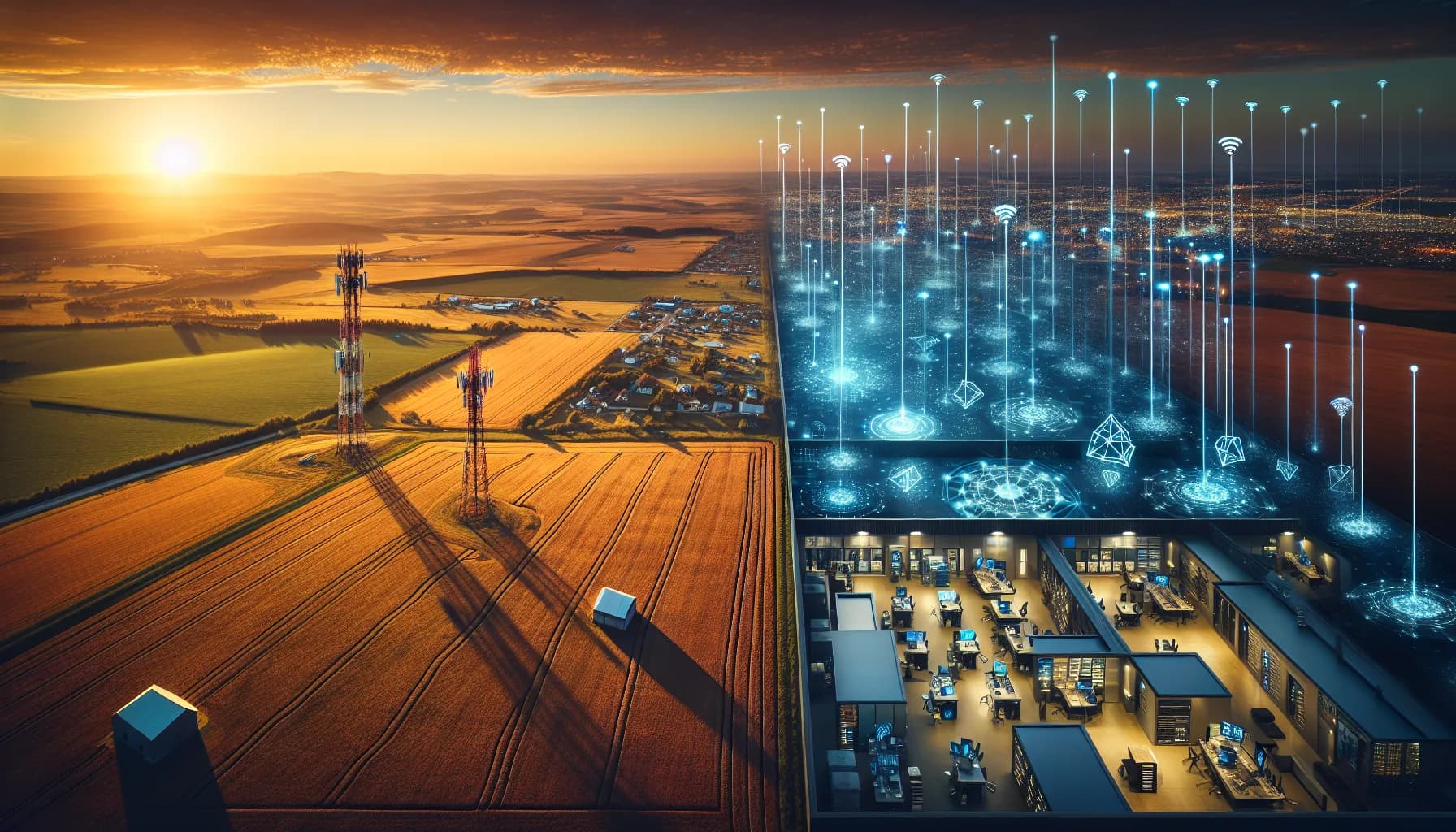 Split-screen aerial view contrasting rural farmland with cellular towers and IoT sensors versus modern smart building interior with Wi-Fi networks
