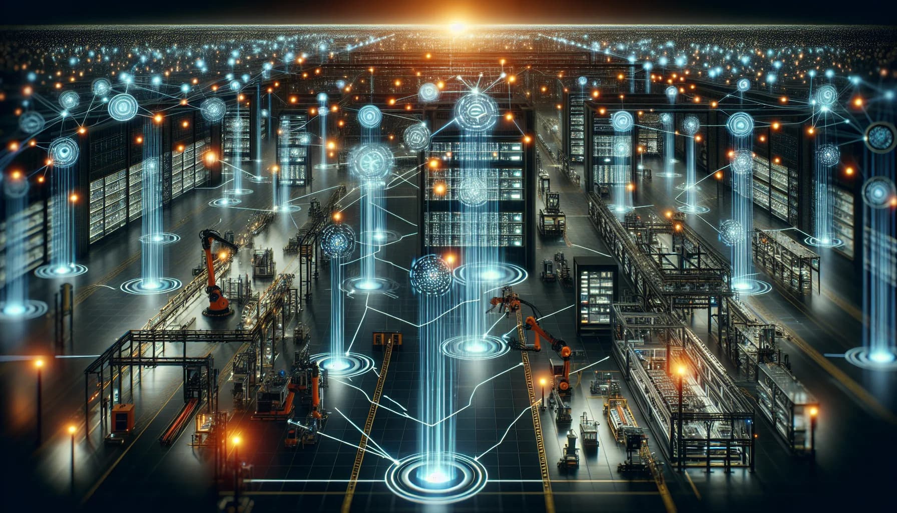 Futuristic factory with connected machines featuring glowing edge processors, light data streams flowing locally between devices.