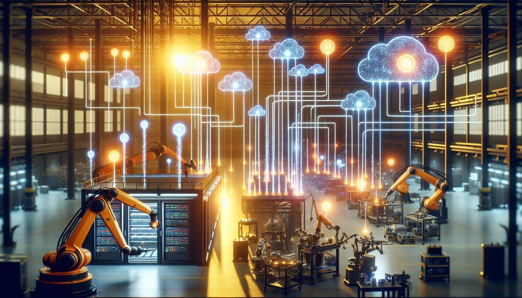 Smart factory floor with industrial robots, glowing data streams flowing to edge computing nodes, and light beams to cloud servers above.