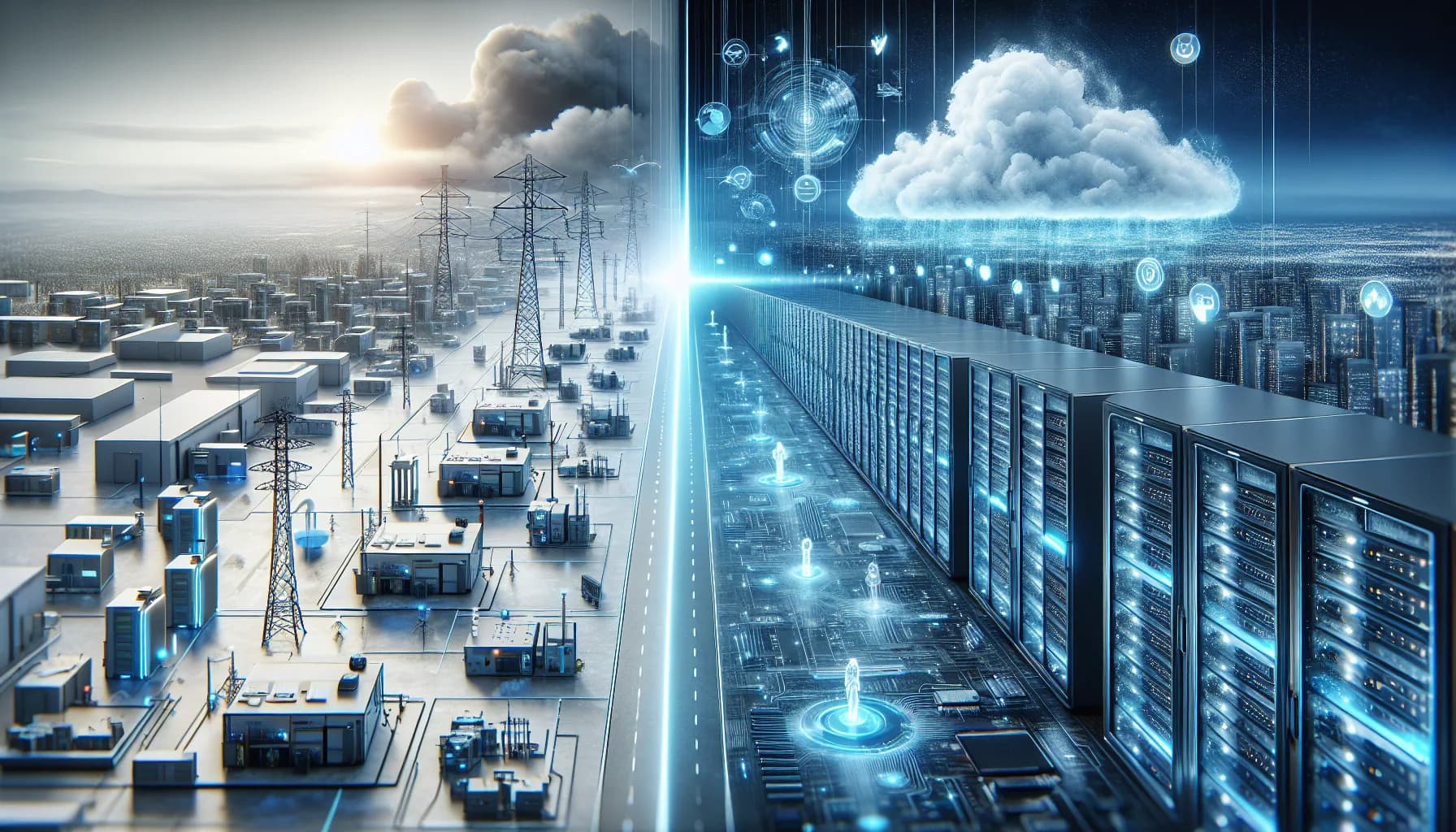Split-screen showing industrial IoT edge devices with blue LEDs on left, cloud data center with white servers on right.