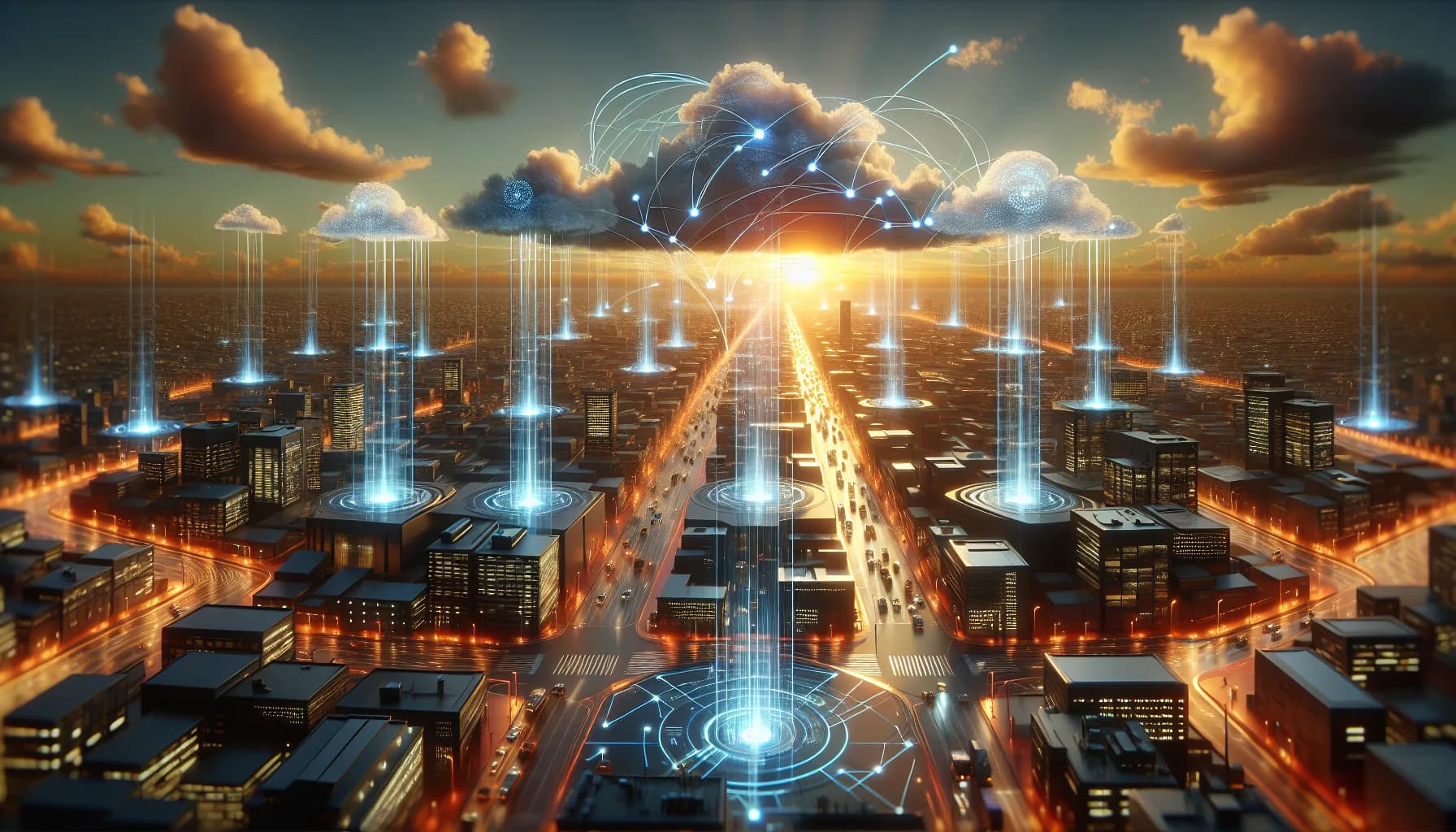 Futuristic smart city showing three computing layers: cloud data centers in sky, fog nodes on buildings, and edge devices on streets.