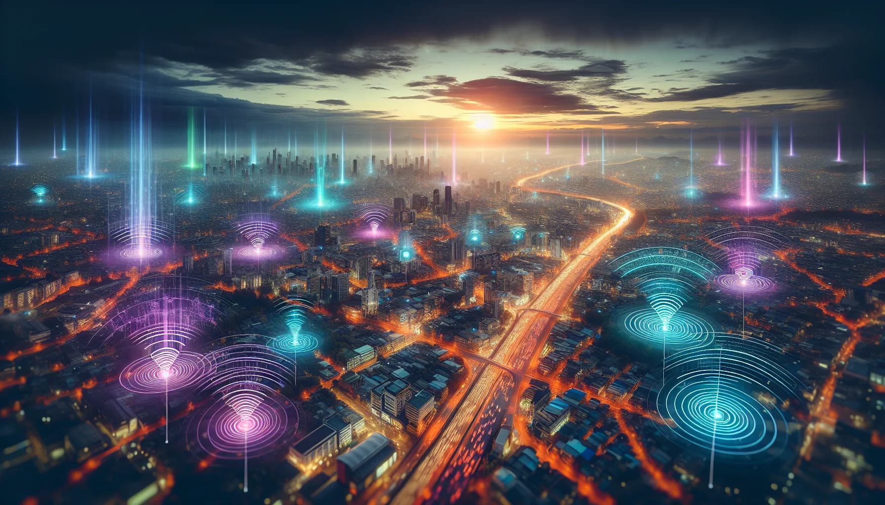 Aerial view of modern city at golden hour with colorful wireless signal patterns representing LoRaWAN, NB-IoT, and LTE-M technologies.