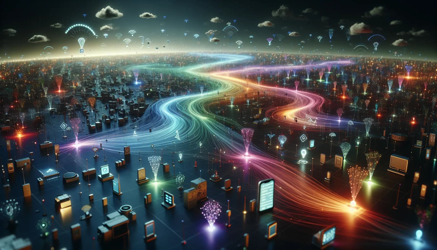 Ethereal digital landscape showing colorful data streams connecting glowing device nodes representing M2M communication protocols