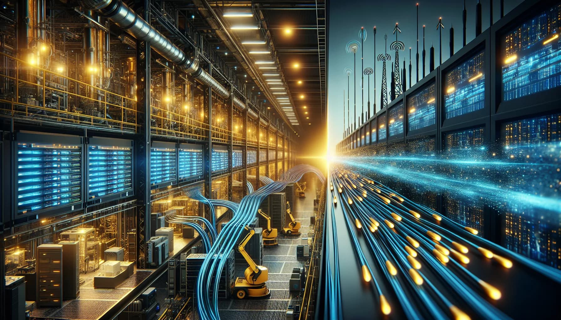 Split-screen industrial facility showing wired ethernet cables with blue data lights on left, wireless antennas with golden waves on right
