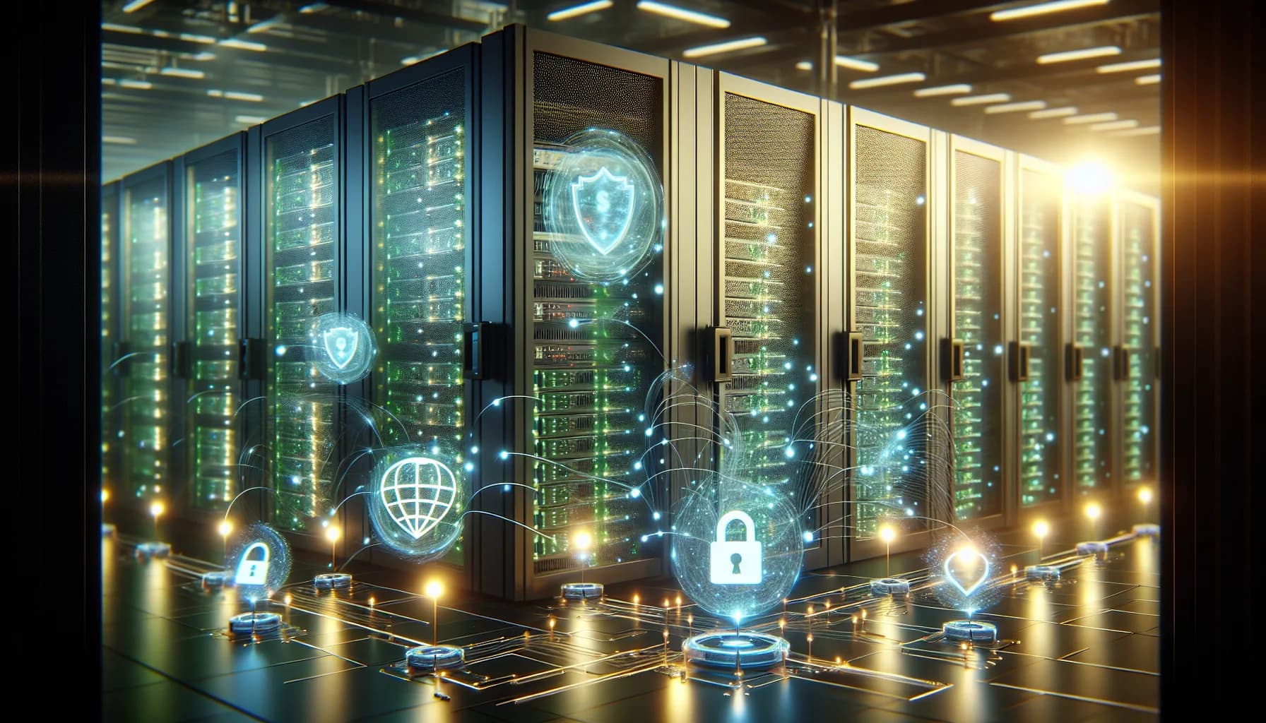 Modern data center with glowing servers and floating digital privacy shields protecting connected IoT medical and industrial devices