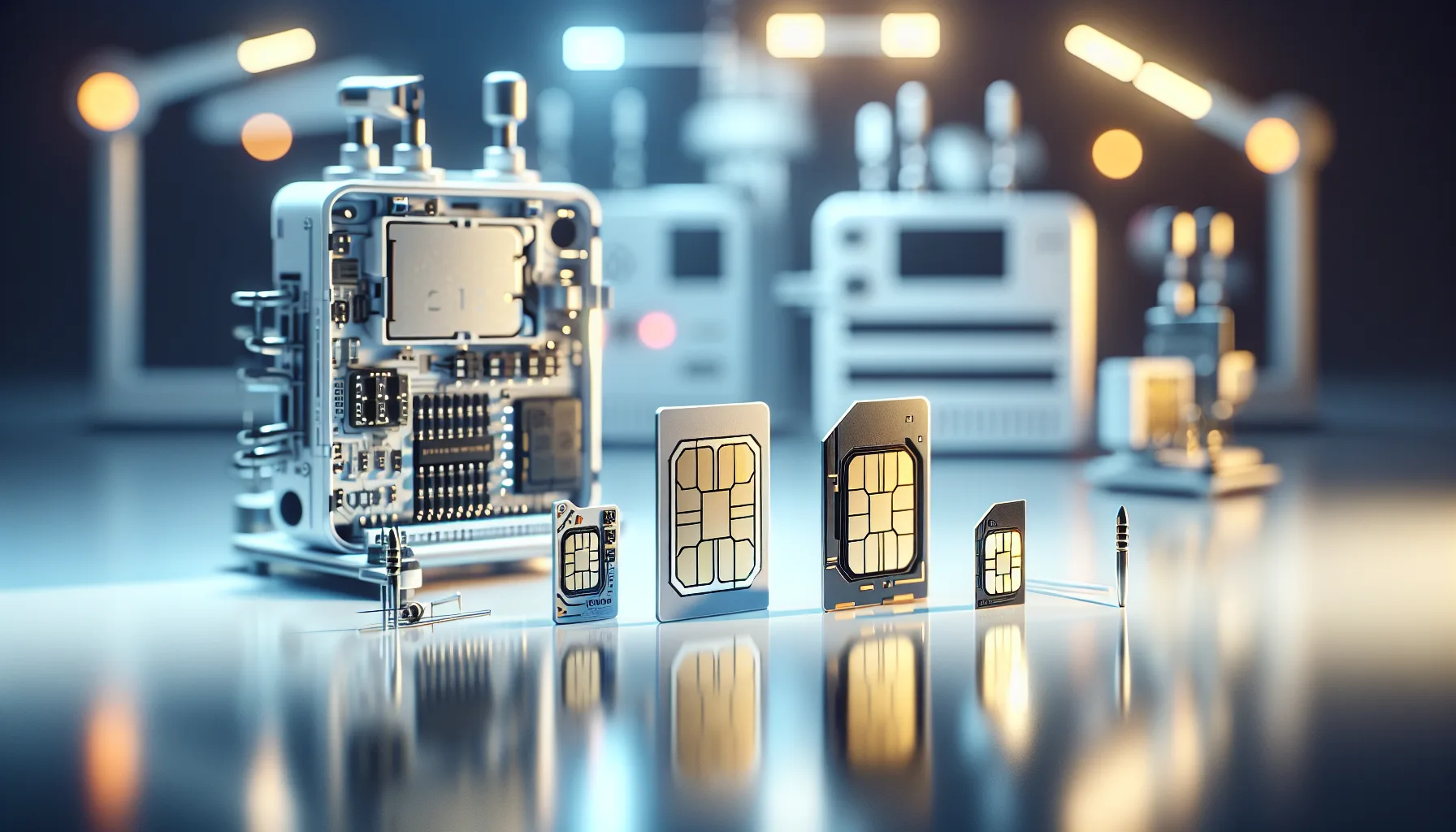 Four M2M SIM cards arranged by size on metallic surface: 2FF standard, 3FF micro, 4FF nano, and MFF2 embedded chip forms.