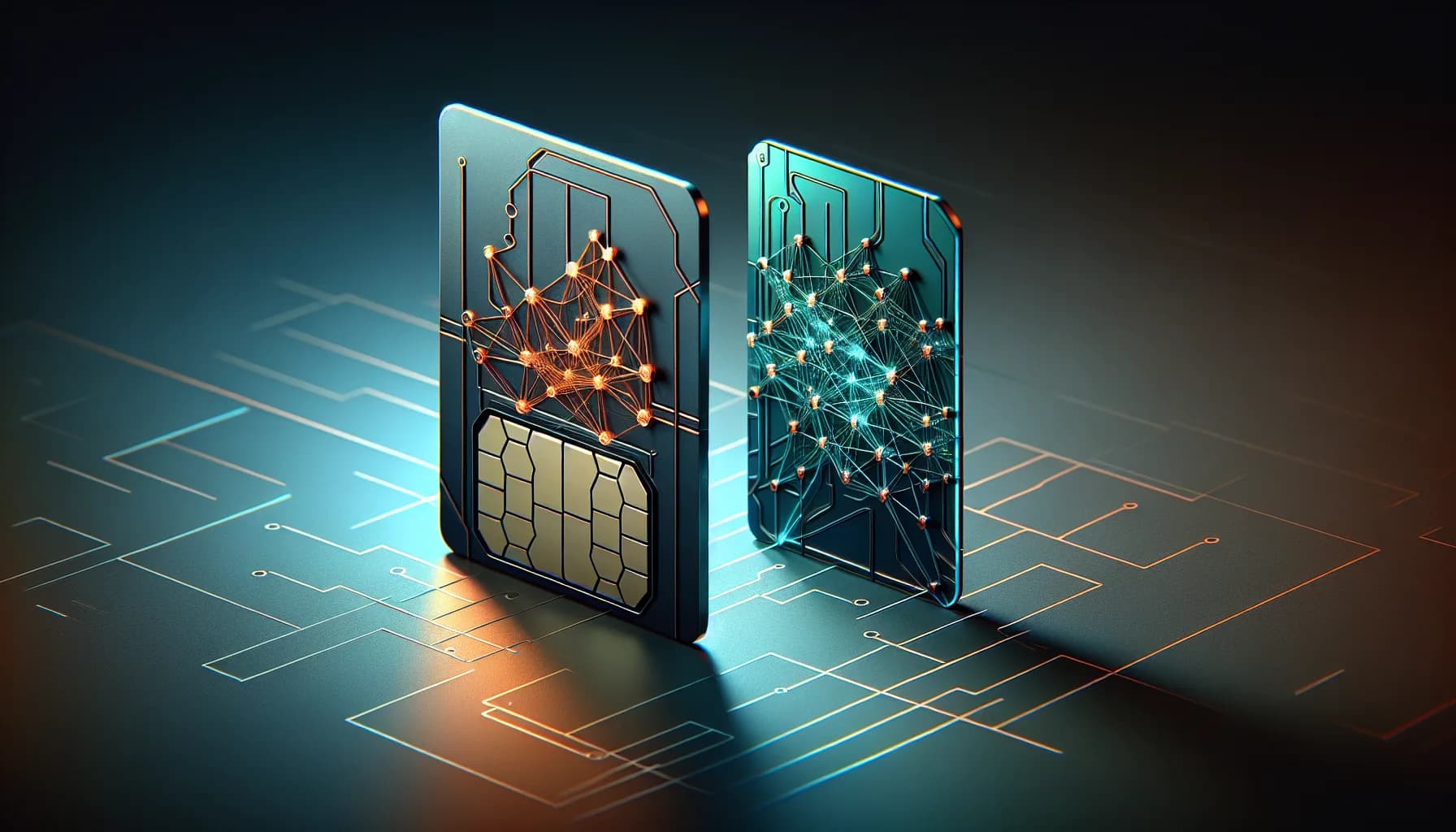Split-screen showing two floating SIM cards with contrasting data streams - left with industrial orange patterns, right with organic green web connections.