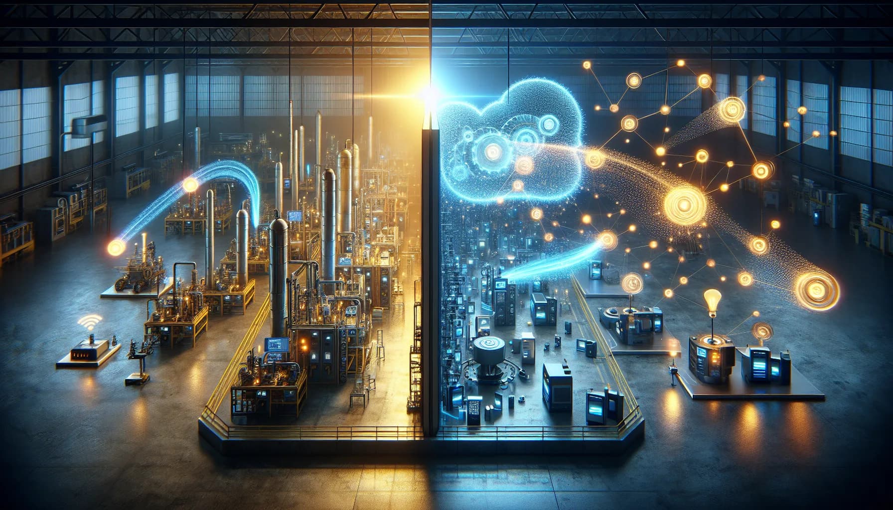 Split-screen comparison: M2M machines connected by blue data stream vs IoT devices networked through golden cloud hub