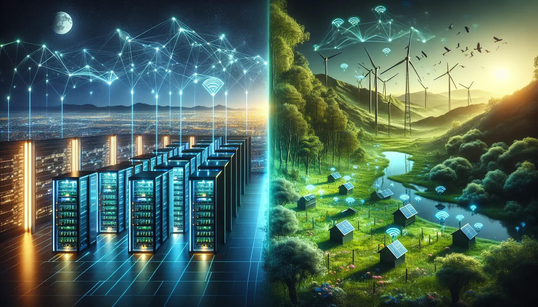 Split-screen comparison: MQTT's centralized data center with glowing servers vs CoAP's decentralized IoT sensors in nature