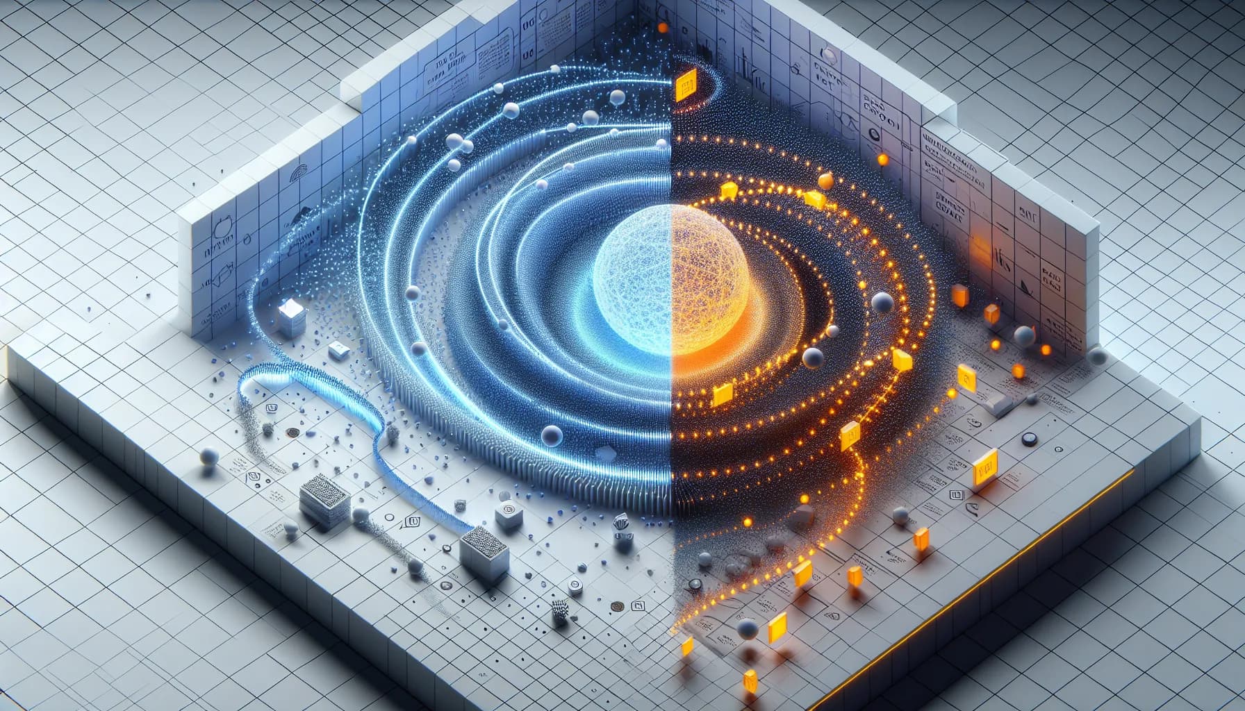 Split-screen visualization comparing MQTT's continuous blue data streams with HTTP's discrete orange request-response packets in IoT communication