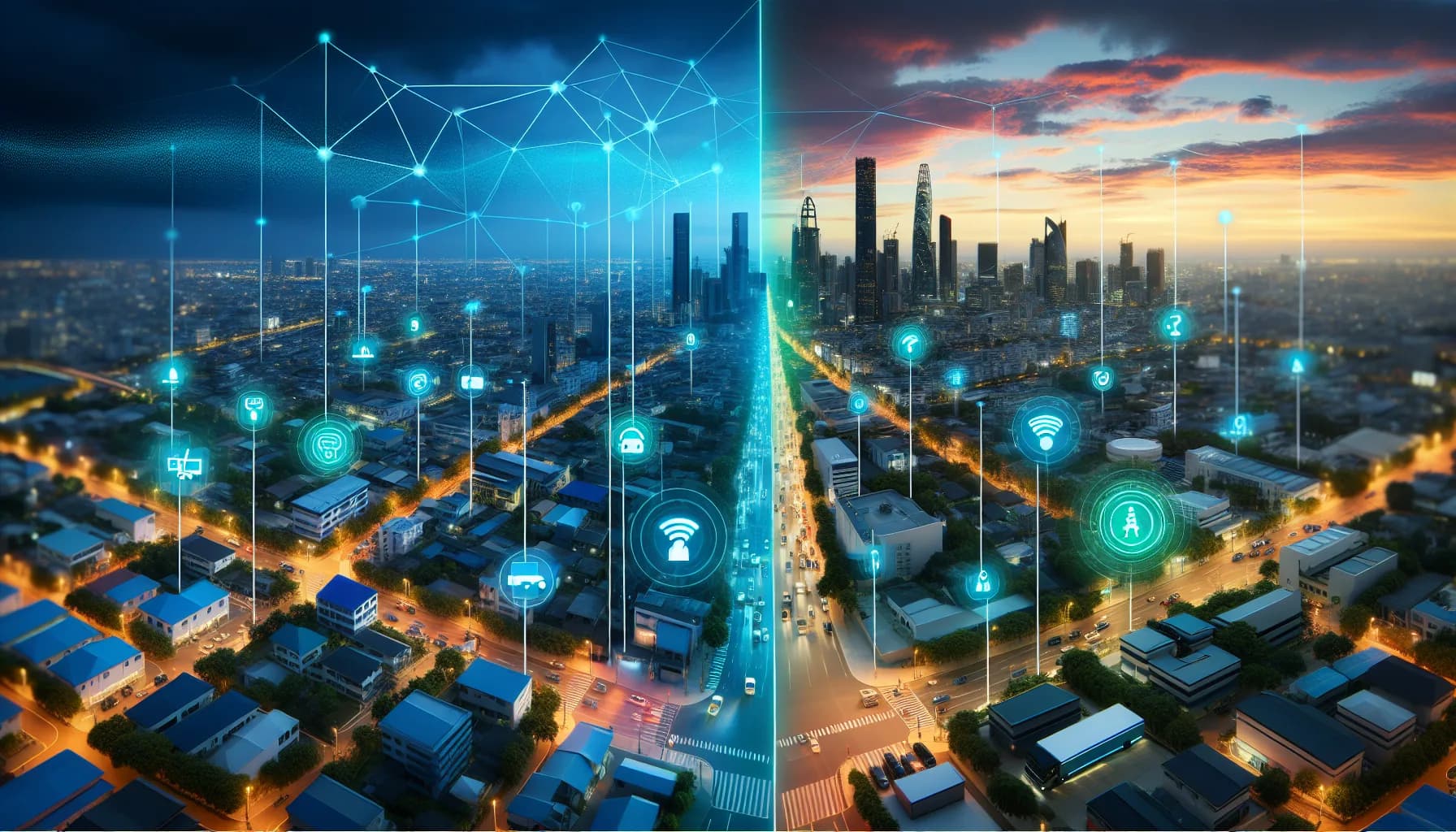 Split cityscape showing NB-IoT static sensors with blue light trails vs LTE-M mobile devices with green beams at golden hour