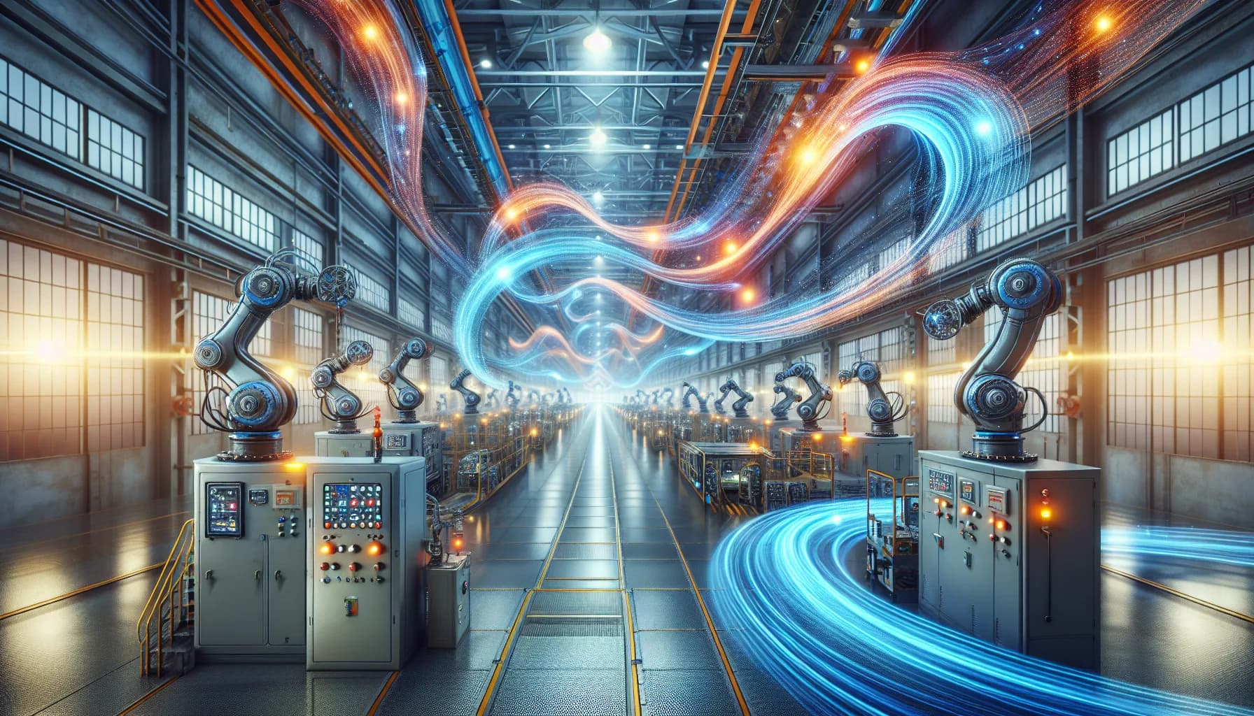 Modern smart factory floor with robotic arms and industrial machinery connected by flowing blue data streams