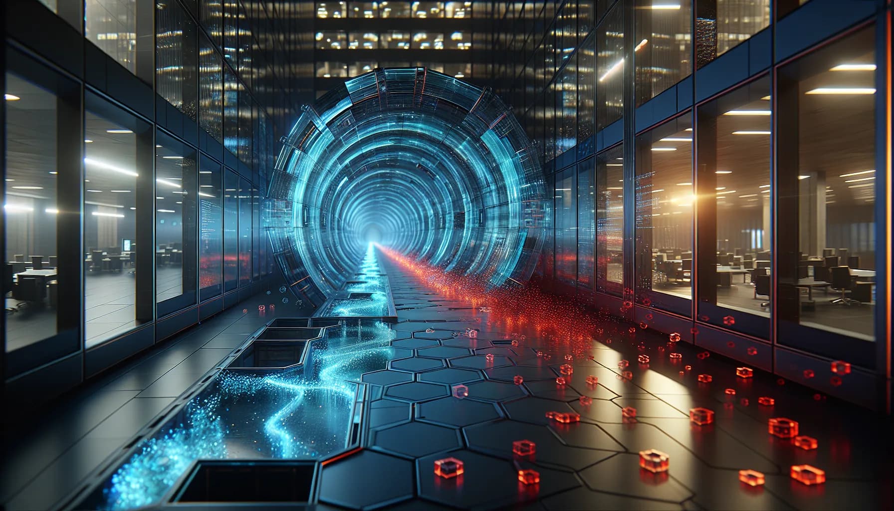 Secure blue digital tunnel with flowing data streams isolated from chaotic red fragments, representing private APN protection