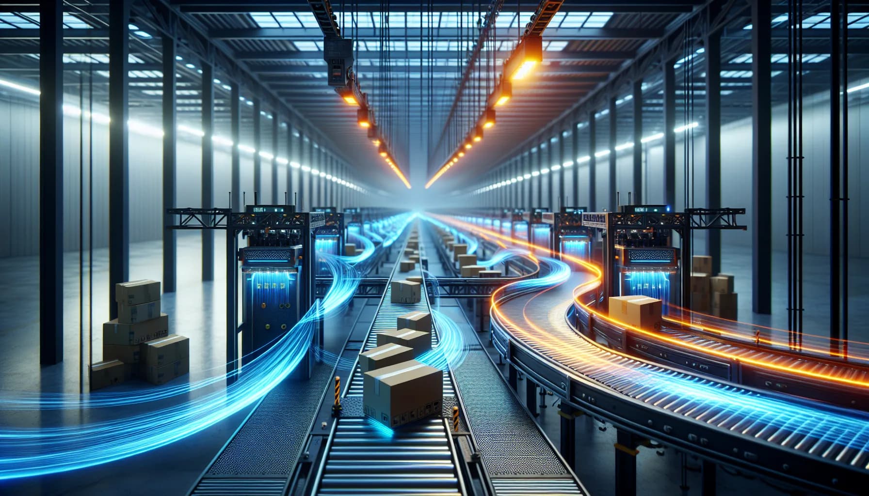 Industrial warehouse with glowing RFID tags on packages connected by blue light streams to overhead readers on conveyor systems