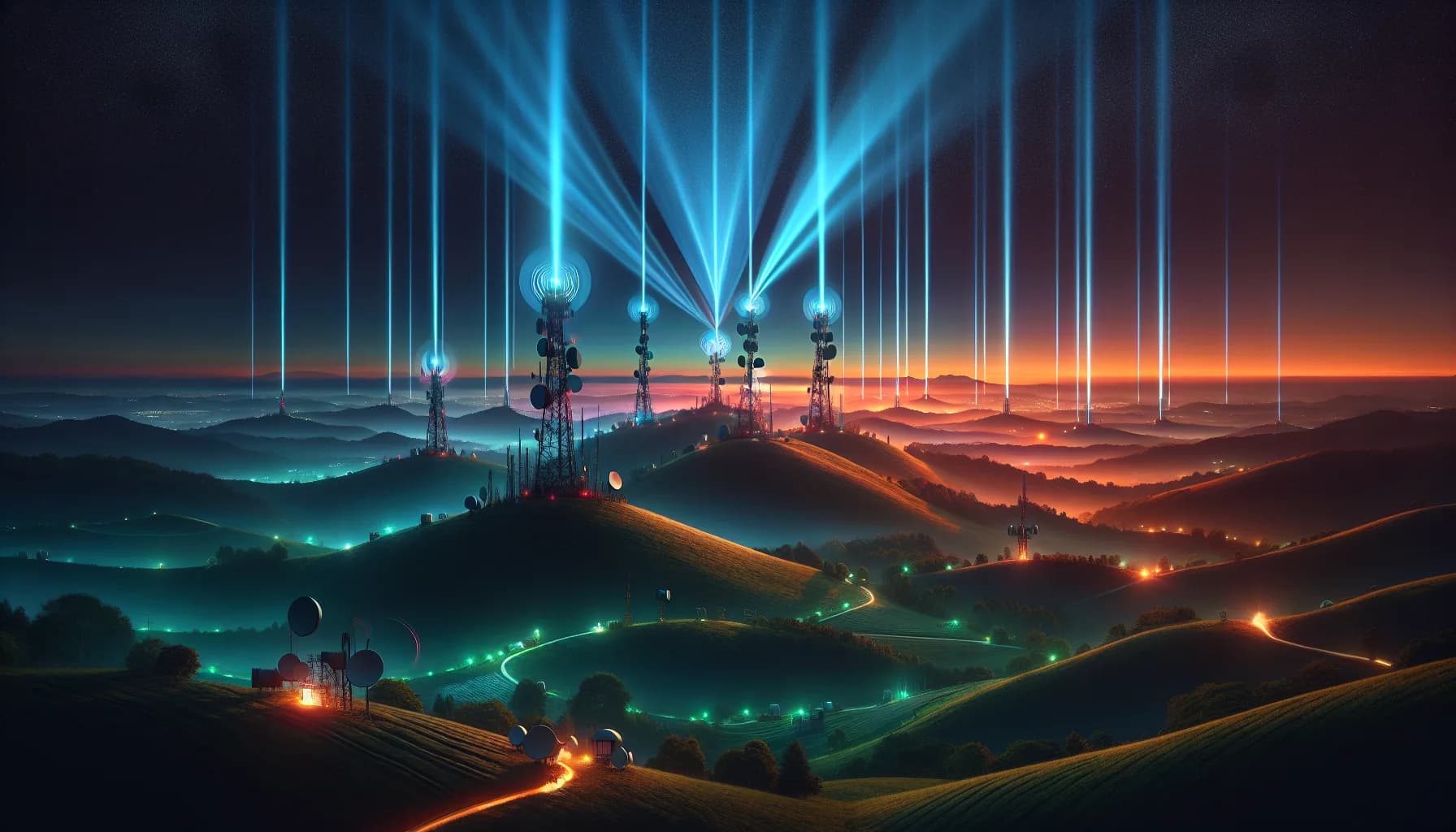 Three wireless towers on hills emit blue, green, and orange beams representing Sigfox, LoRaWAN, and NB-IoT networks at twilight.