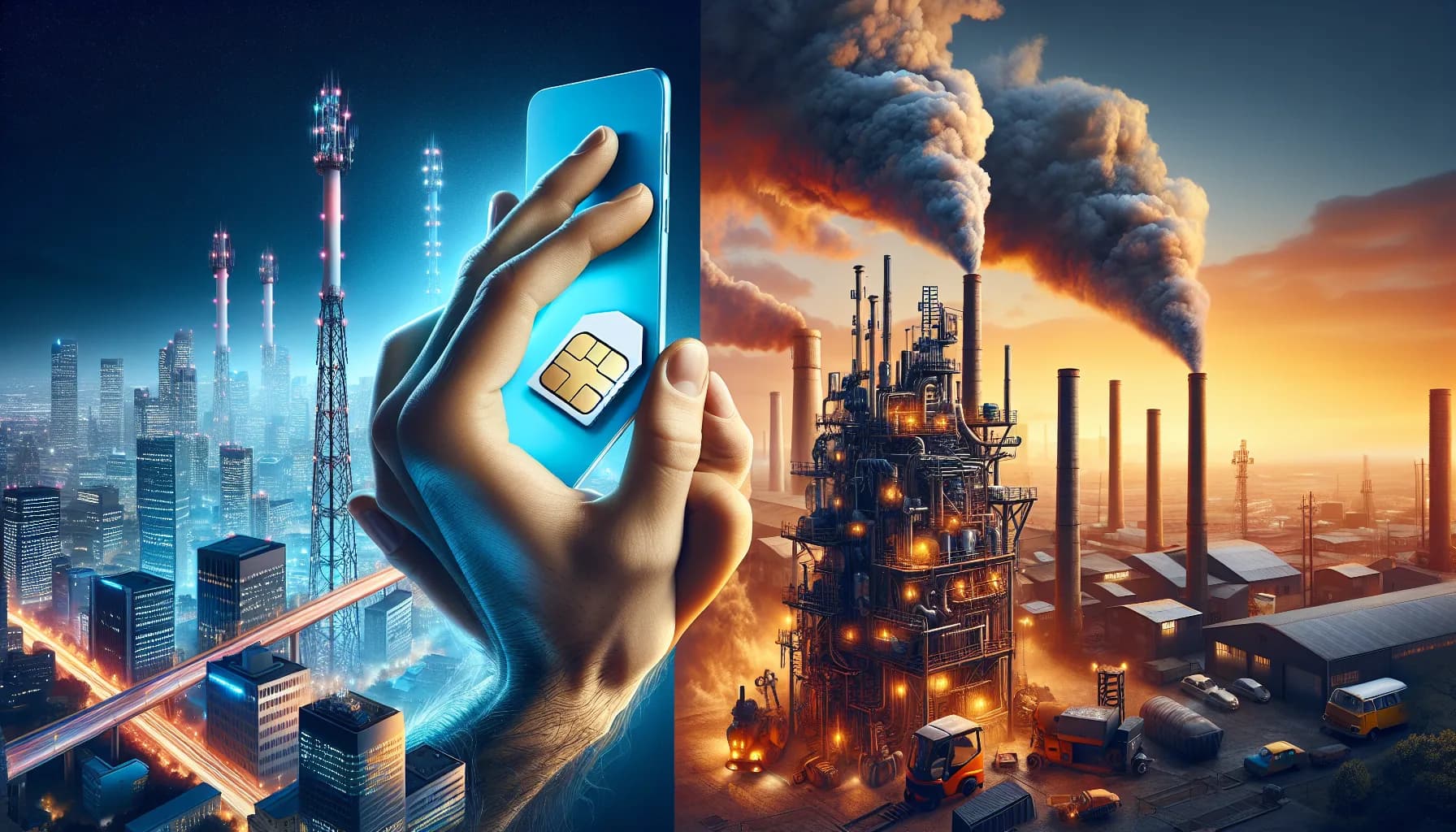 Split-screen showing hands holding consumer SIM card vs ruggedized M2M SIM card against urban and industrial backgrounds
