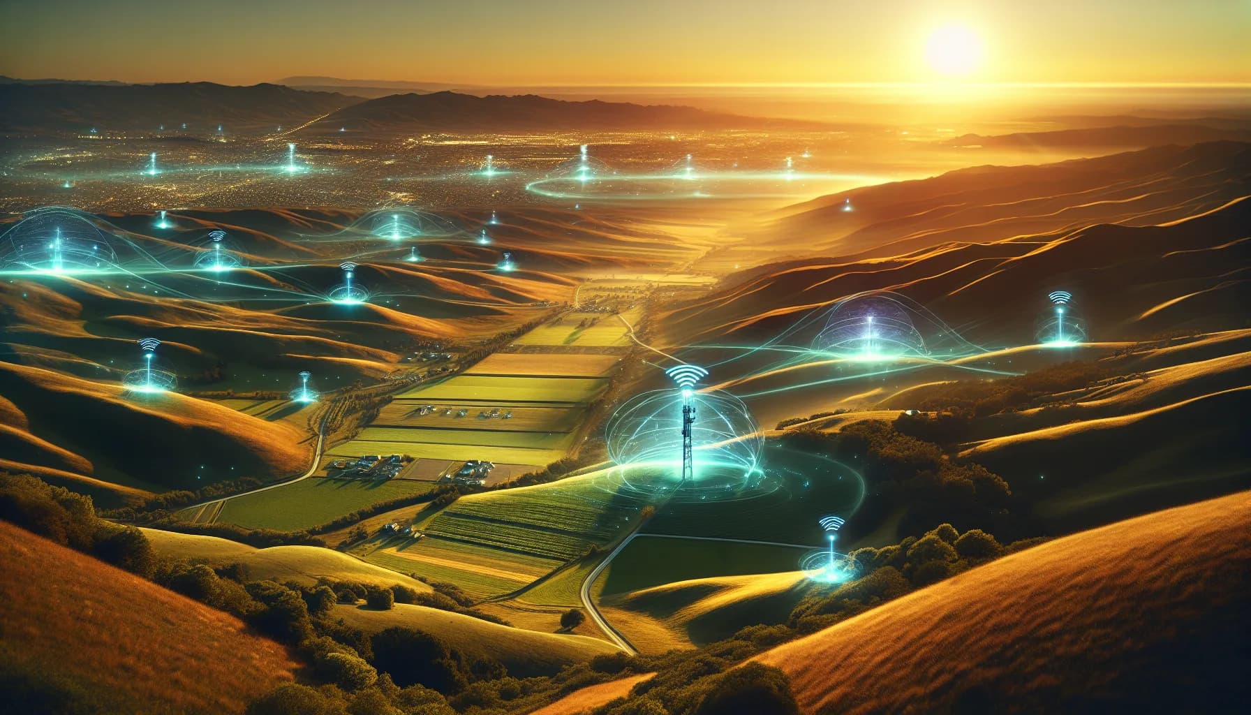 Rural valley landscape with IoT sensors and wireless signals connecting to distant tower, illustrating LPWAN coverage area