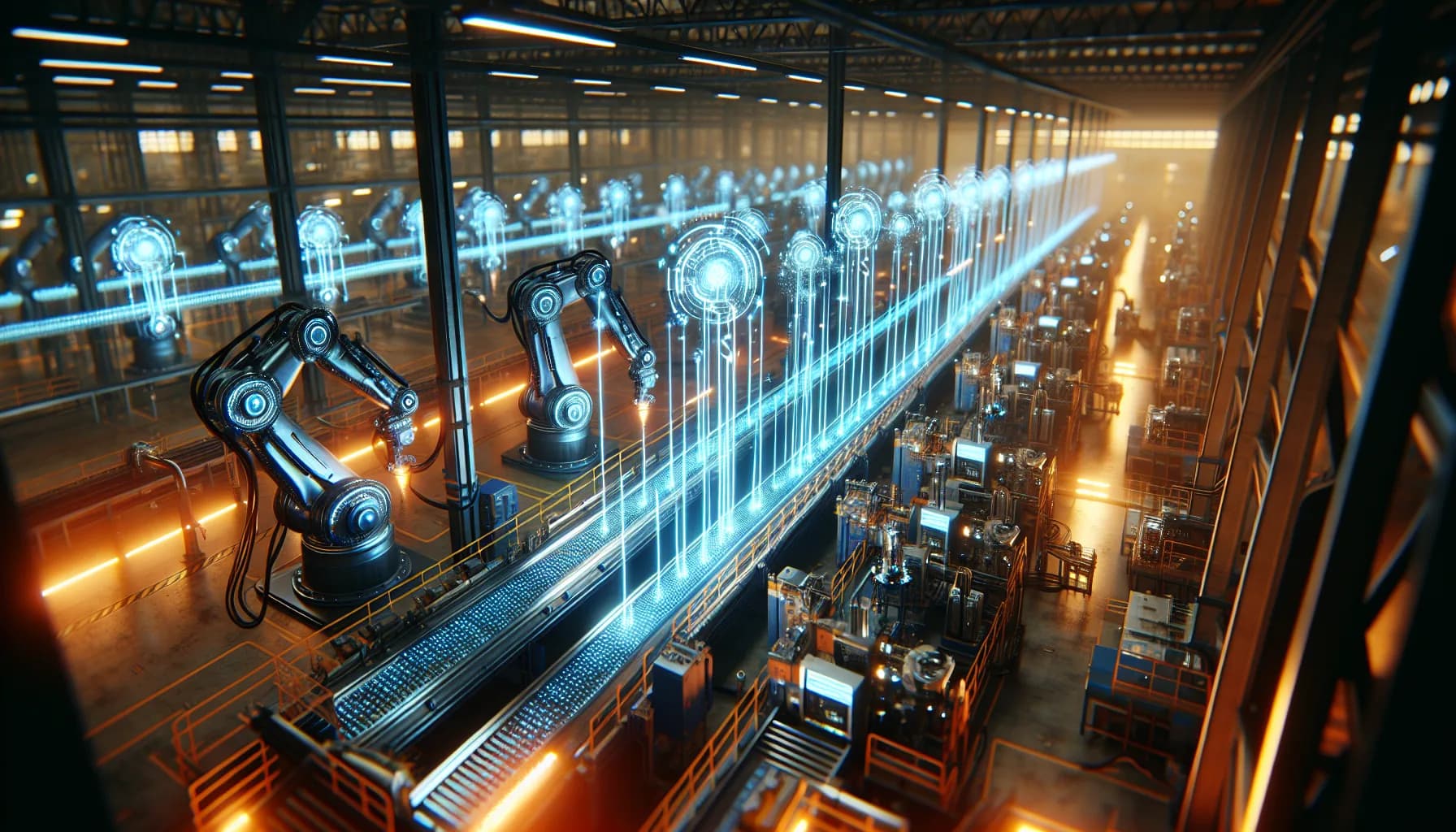 Modern factory floor with robotic arms and conveyor belts connected by glowing blue data streams showing M2M communication