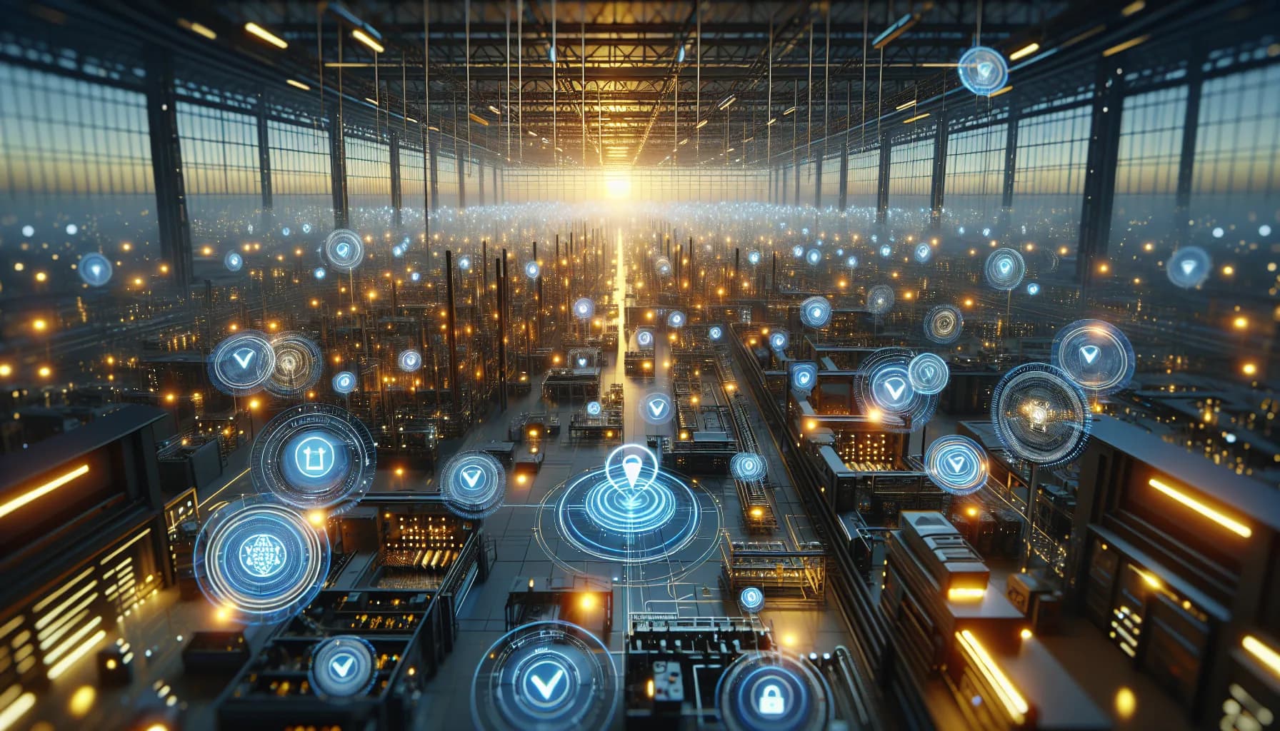 Futuristic industrial facility with glowing IoT devices protected by blue security shields and floating verification icons