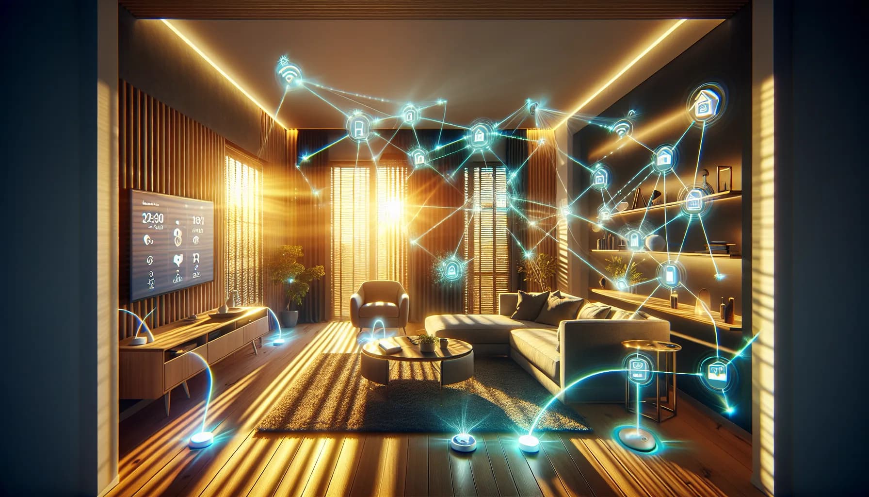 Modern smart home living room with IoT devices connected by glowing blue-green mesh network lines representing ZigBee connectivity