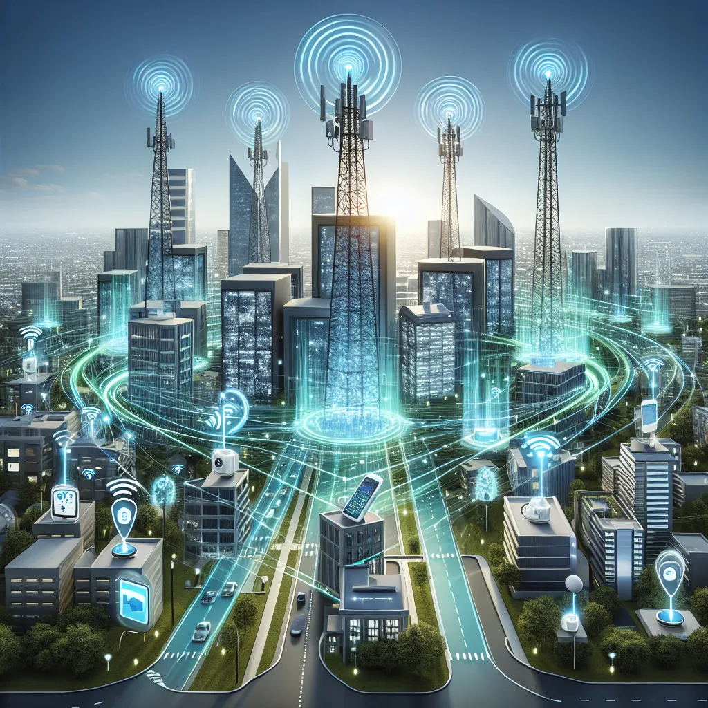 Technical diagram of 5G towers transmitting blue and green signal waves to IoT devices like sensors and smart meters across urban cityscape.