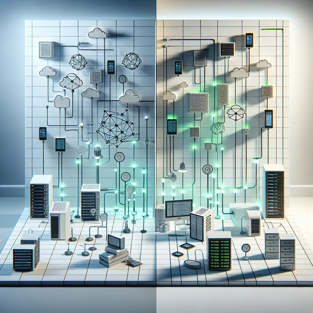 Split-screen comparison: MQTT's lightweight IoT network with green connections vs AMQP's robust enterprise system with thick data highways
