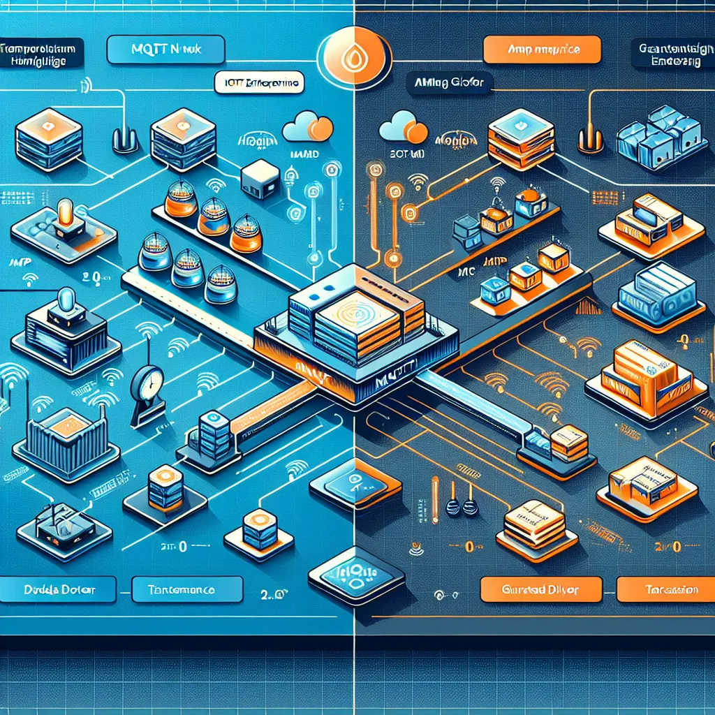 Diagram comparing MQTT IoT sensor network with lightweight connections vs AMQP enterprise system with robust data pipes and delivery guarantees