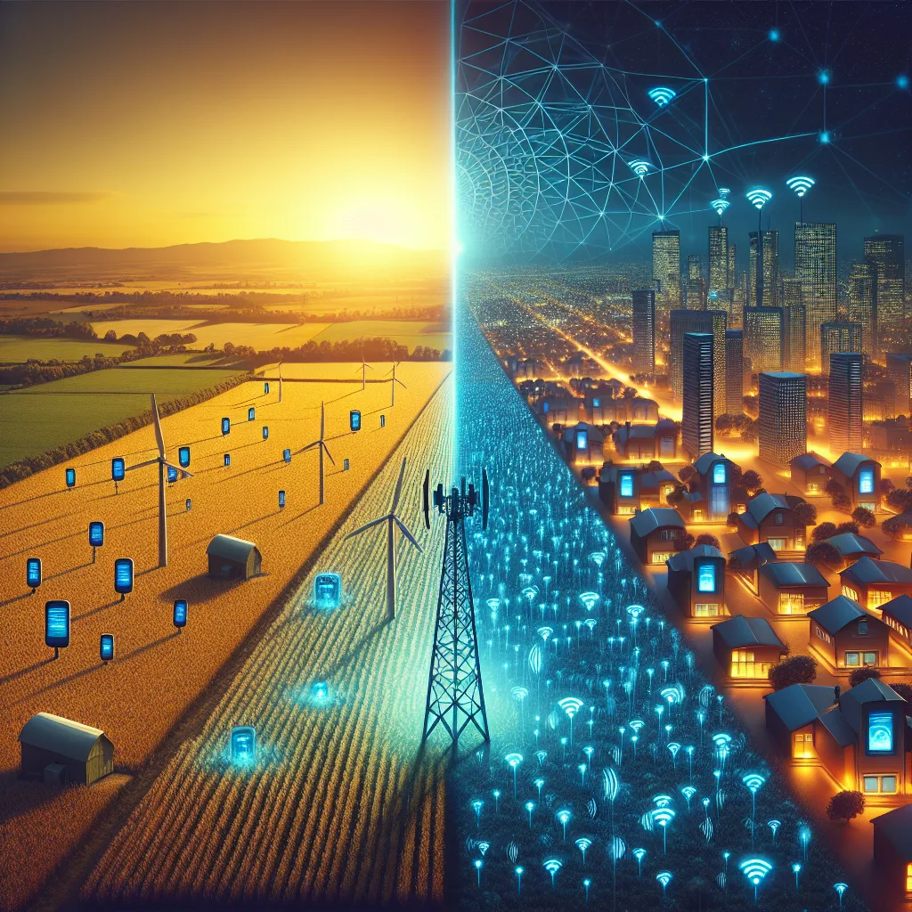 Split-screen comparison: cellular tower with wide signal coverage over rural farmland vs Wi-Fi router with shorter range in dense urban area