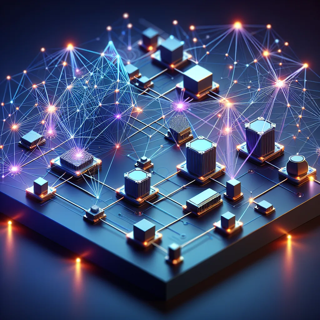 Isometric diagram of interconnected nodes in blue/purple mesh network bypassing dimmed central hub, with IoT devices and glowing data paths