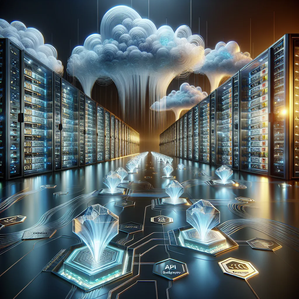 Modern data center cross-section with glowing servers, fiber optic cables, holographic API nodes, and layered security barriers