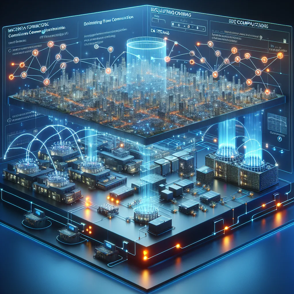 Technical diagram of M2M digital twin architecture with holographic city model, glowing data streams, and connected sensors
