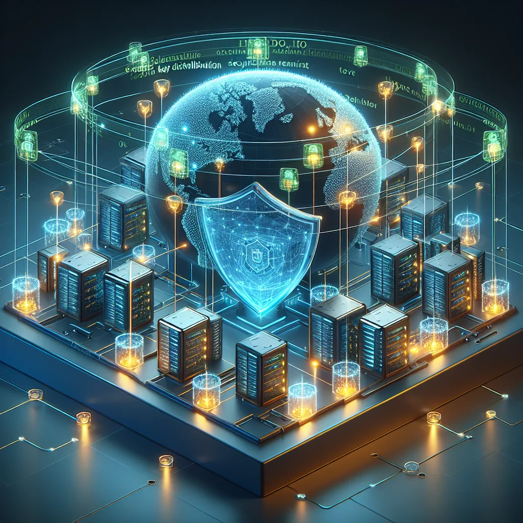 Network diagram showing IoT devices in data centers with glowing security barriers and encrypted data streams on global map