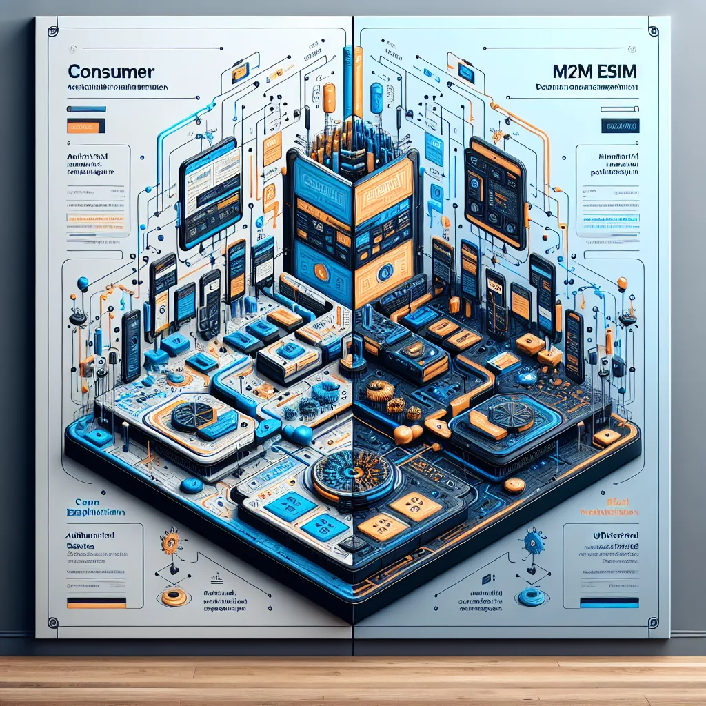 Technical diagram comparing consumer eSIM architecture with smartphone interface versus M2M eSIM with industrial sensors and automation