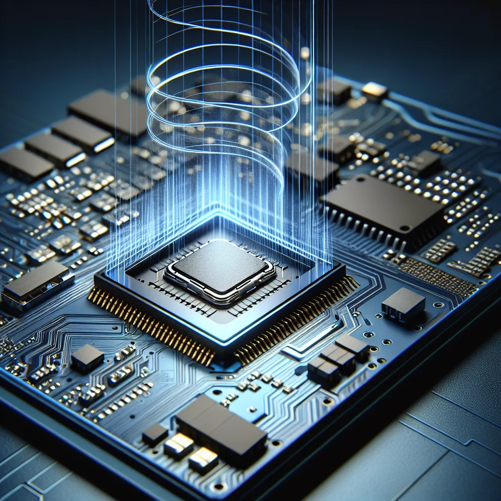 Cross-section of IoT device with embedded SIM chip glowing blue, showing circuit pathways and data streams for remote provisioning