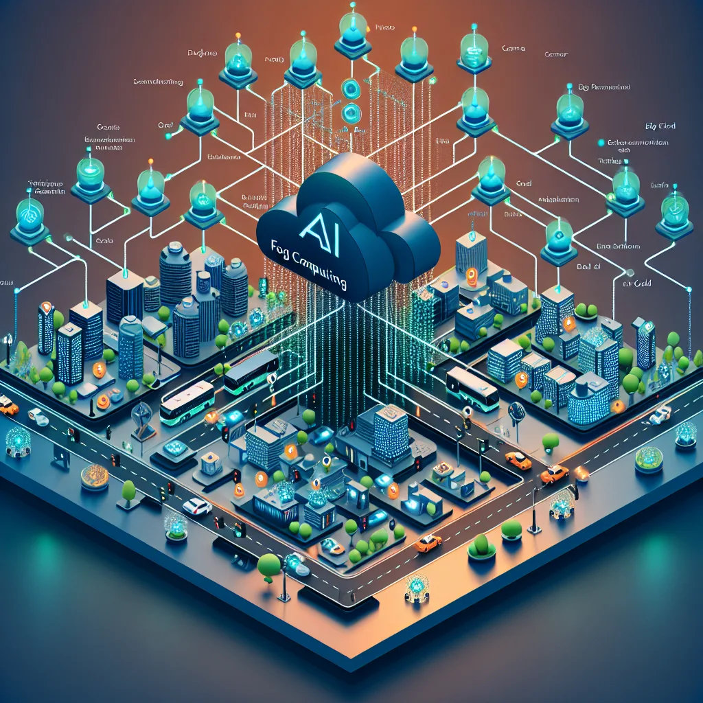 Technical diagram illustrating fog computing architecture with AI workload distribution between edge devices and cloud infrastructure
