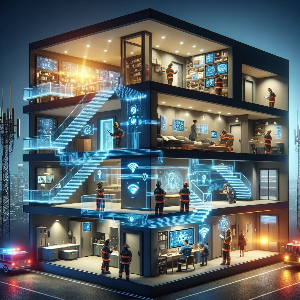 Smart building cross-section showing emergency responders using 5G-connected devices with glowing data streams between sensors