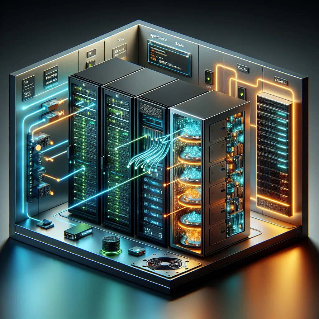 Server room cutaway showing three MQTT broker types with glowing data streams connecting to IoT devices through glass walls