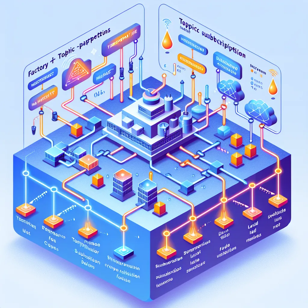 Isometric diagram showing MQTT topic subscription patterns with colorful data streams connecting factory sensors to worker processes