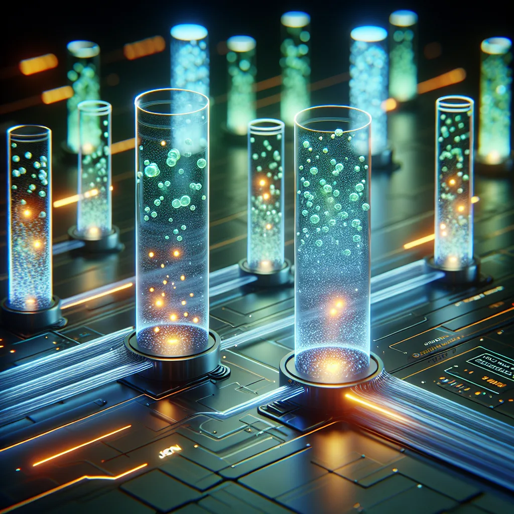 Glowing data streams flow through translucent pipelines toward processing nodes in a futuristic M2M data visualization