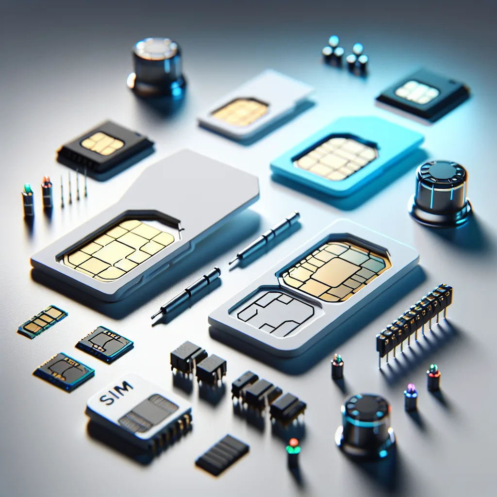 Various SIM card types (mini, micro, nano, eSIM) displayed with IoT devices and sensors, showing M2M connectivity options