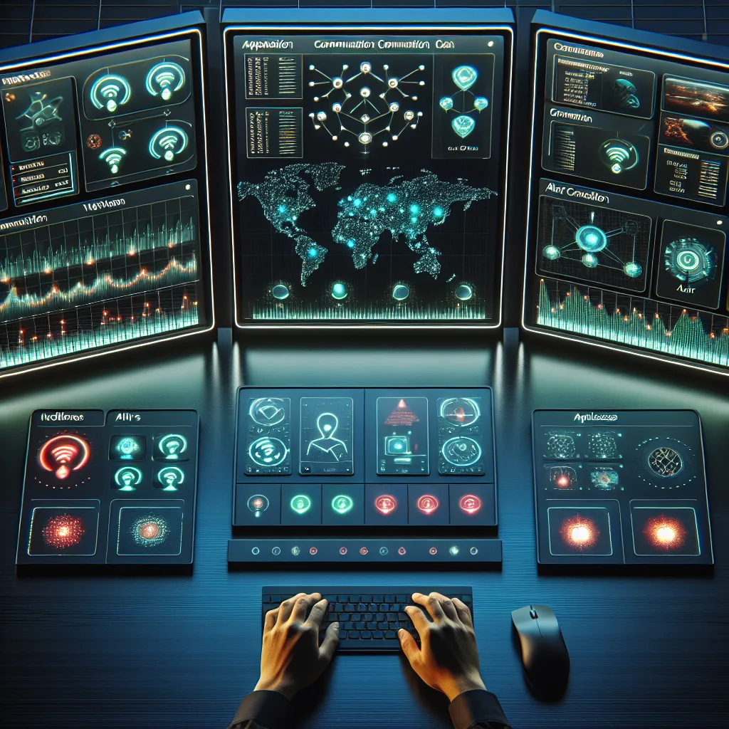 Modern control room with curved monitors displaying IoT dashboards, network maps, and device status for M2M connectivity management.