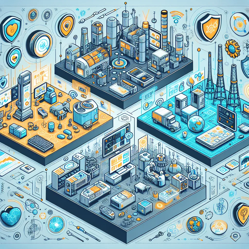 Technical diagram showing IoT security across smart home, industrial, and healthcare environments with specialized protection shields.