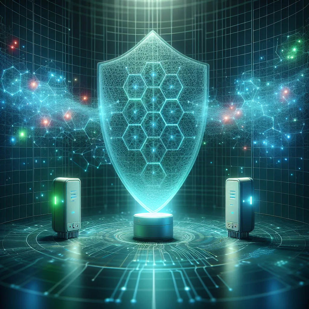 Digital shield with hexagonal patterns protecting IoT device communication, showing encrypted data streams transforming from red to blue-green