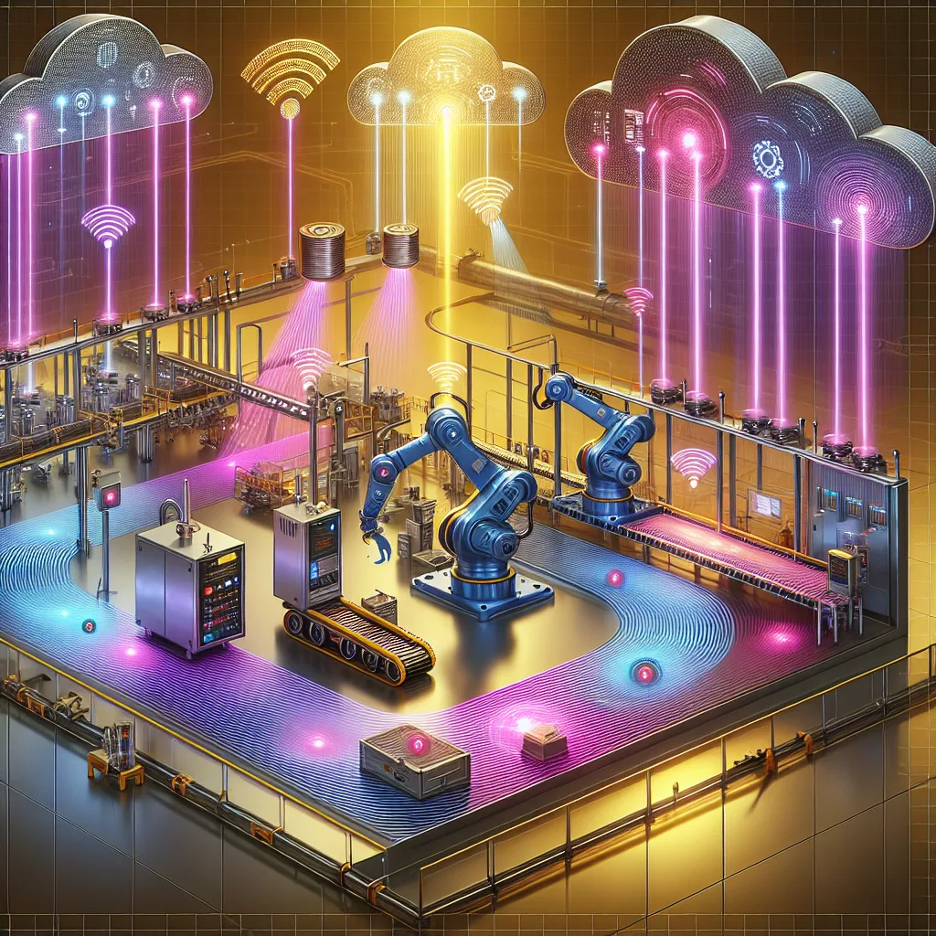 Smart factory cross-section showing M2M ecosystem with blue-highlighted sensors on robotic arms, purple wireless signals, and red actuators on conveyor systems.