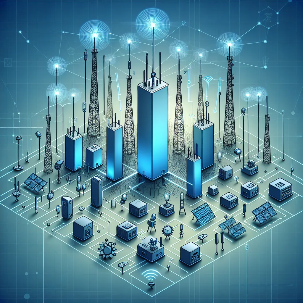 Technical diagram showing LoRaWAN star-of-stars network topology with IoT sensors connected to cellular gateways and central server
