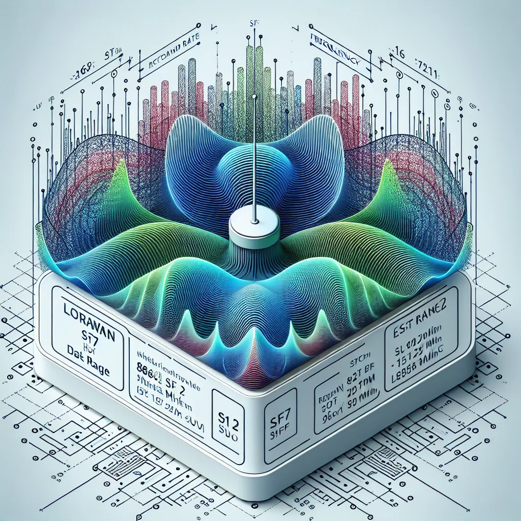 LoRaWAN spreading factor diagram showing colored radio waves from IoT sensor with SF7-SF12 patterns and frequency bands