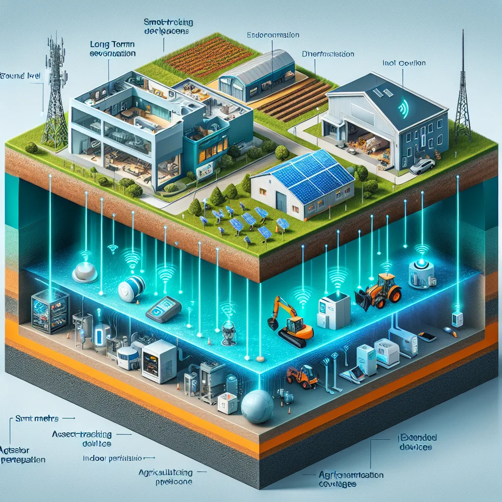 Cross-section diagram showing LTE-M IoT devices across basement, warehouse, farm, and urban settings connected by blue signal waves.